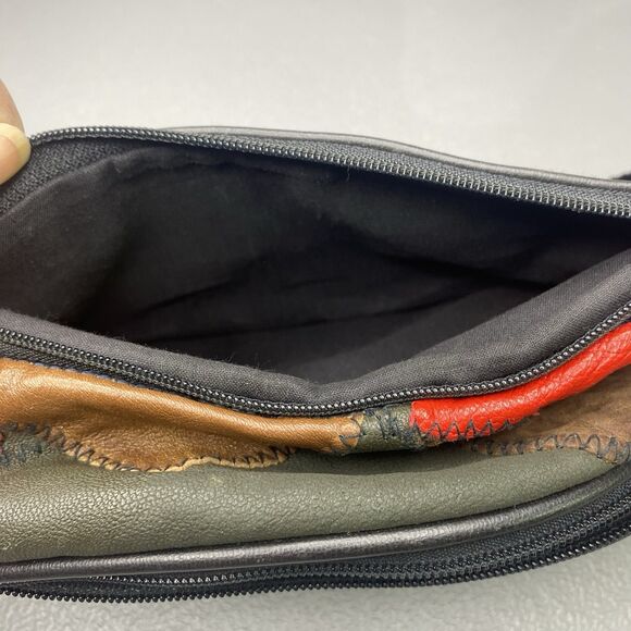 KMQ Vtg 80s Leather Fanny Pack 4 Pockets Patchwork Colorblock Colorful Bright - Picture 6 of 14